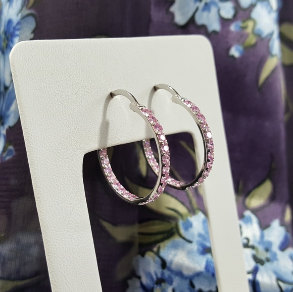 Pink Cubic Zirconia Inside Out Hoops - Picture 6 of 8